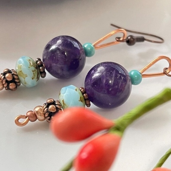 Handmade Amethyst and Copper Earrings - Picture 1 of 5
